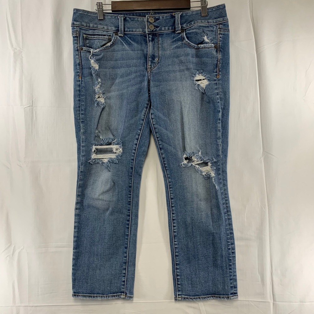 American Eagle Jeans Womens 12 Blue Distressed Straight Leg Stretch Medium Wash